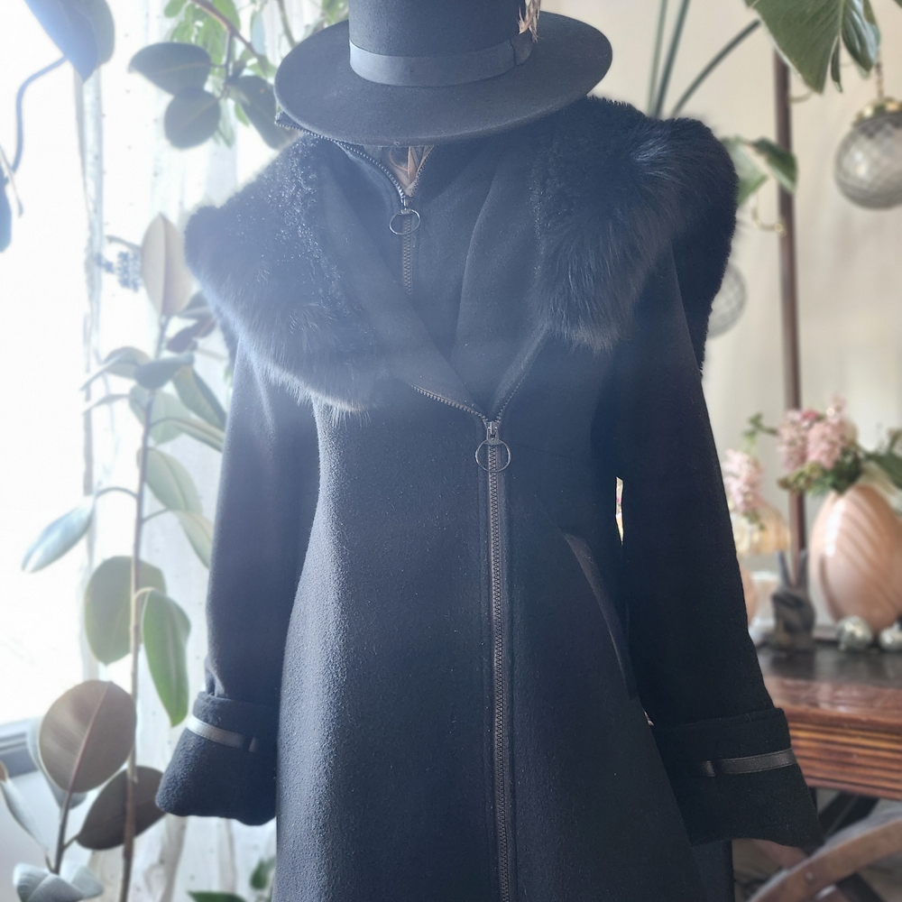 SAGA 80s 90s VINTAGE Elegant Black Fox Fur-Trimmed Women's Coat Cashmere WOOL Lg - Picture 14 of 16